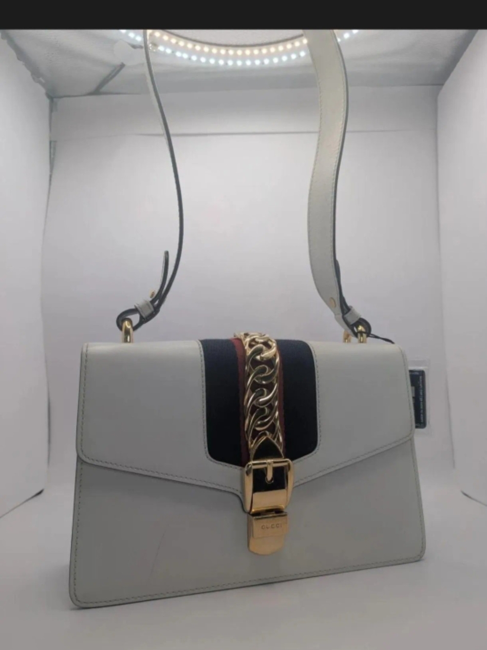 Gucci White Calfskin Leather Sylvie  Shoulder Bag with Navy and Red Sherry Line